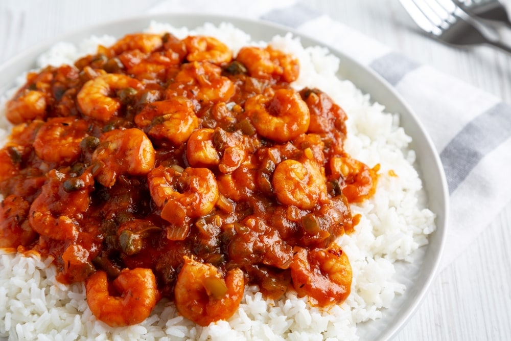 Homemade Shrimp Creole on a Plate Served Over Rice