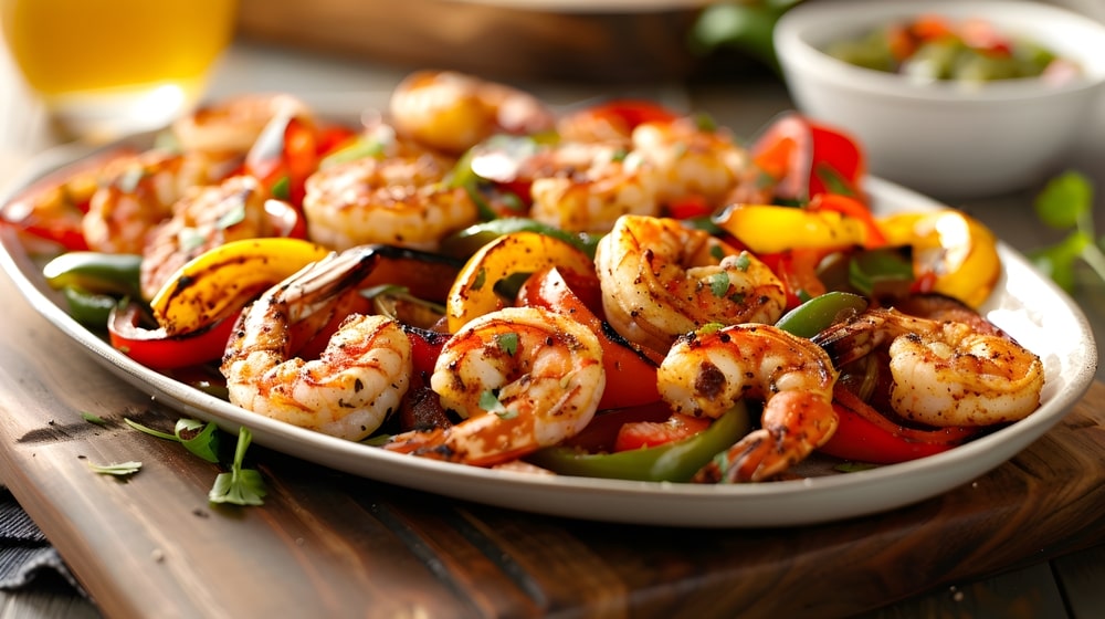 Shrimp Fajitas served in a serving plate