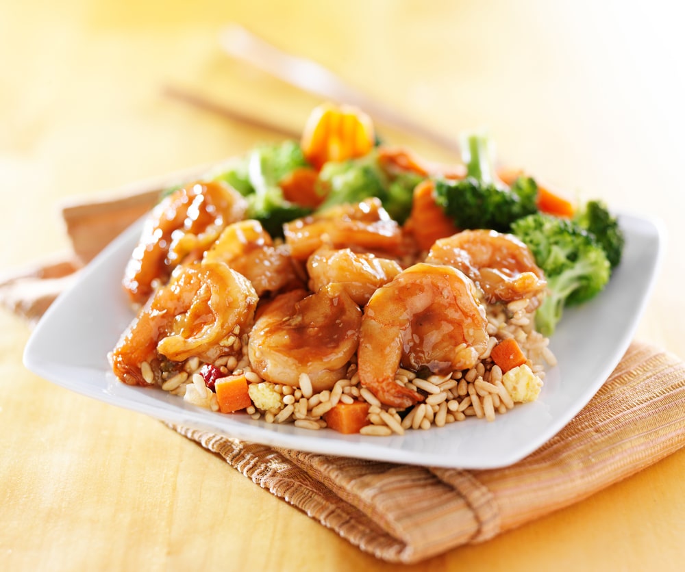 Teriyaki Shrimp served with broccoli and rice