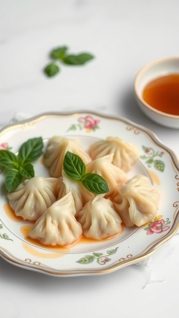 Clam and basil dumplings served on a decorative plate.