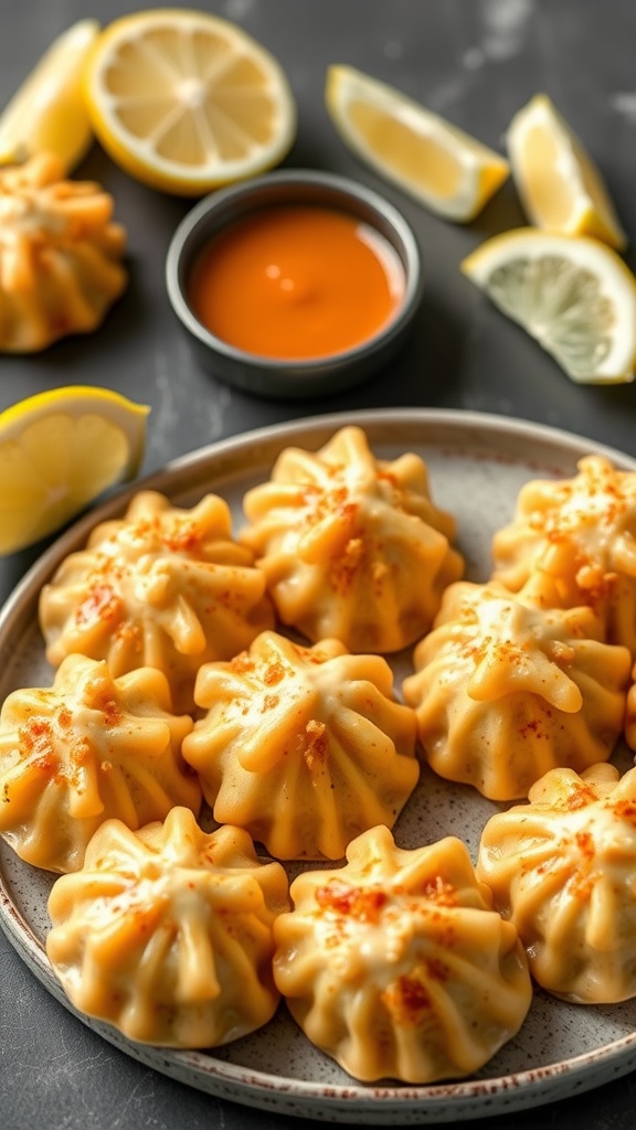 Delicious crab and cream cheese dumplings served with lemon and dipping sauce.