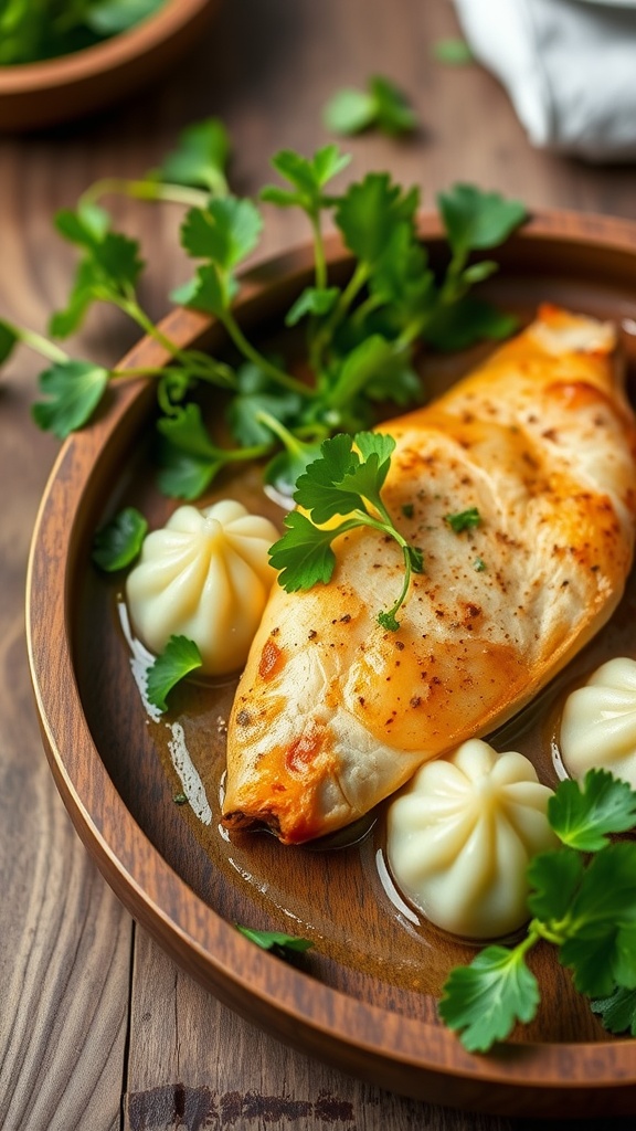 Fish and watercress dumplings served on a wooden plate