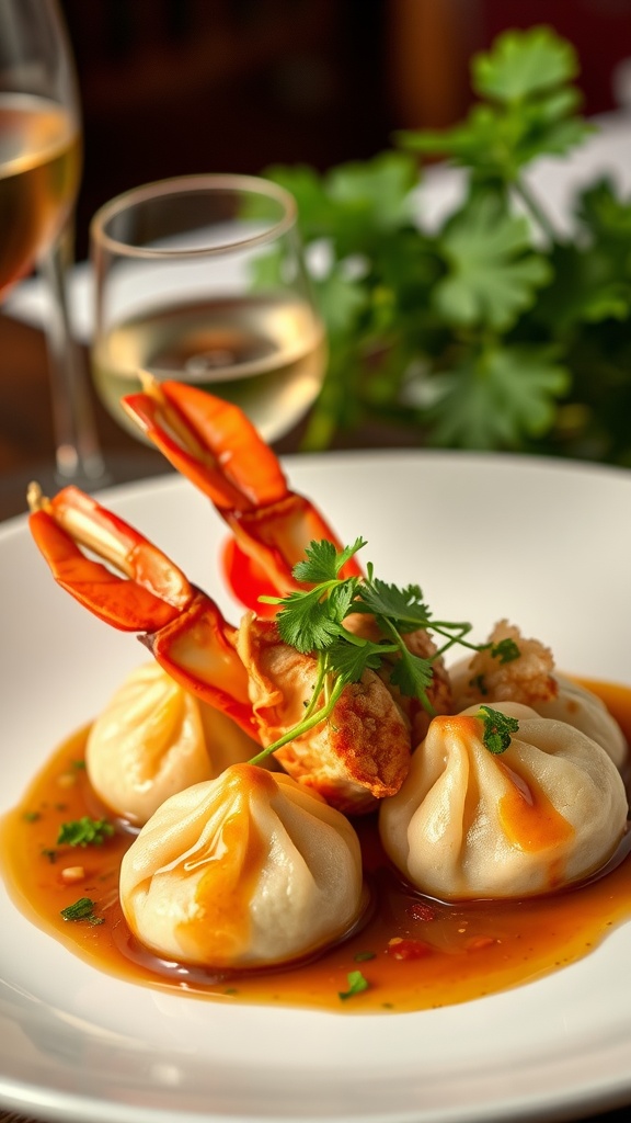 Lobster and coriander dumplings served with a garnish.