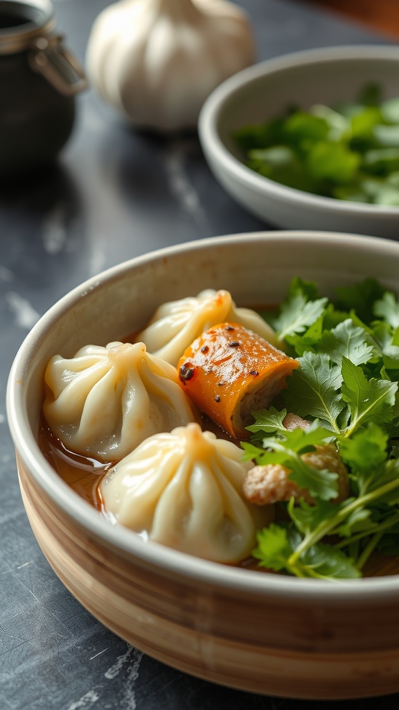 Mackerel and Garlic Dumplings served with fresh herbs