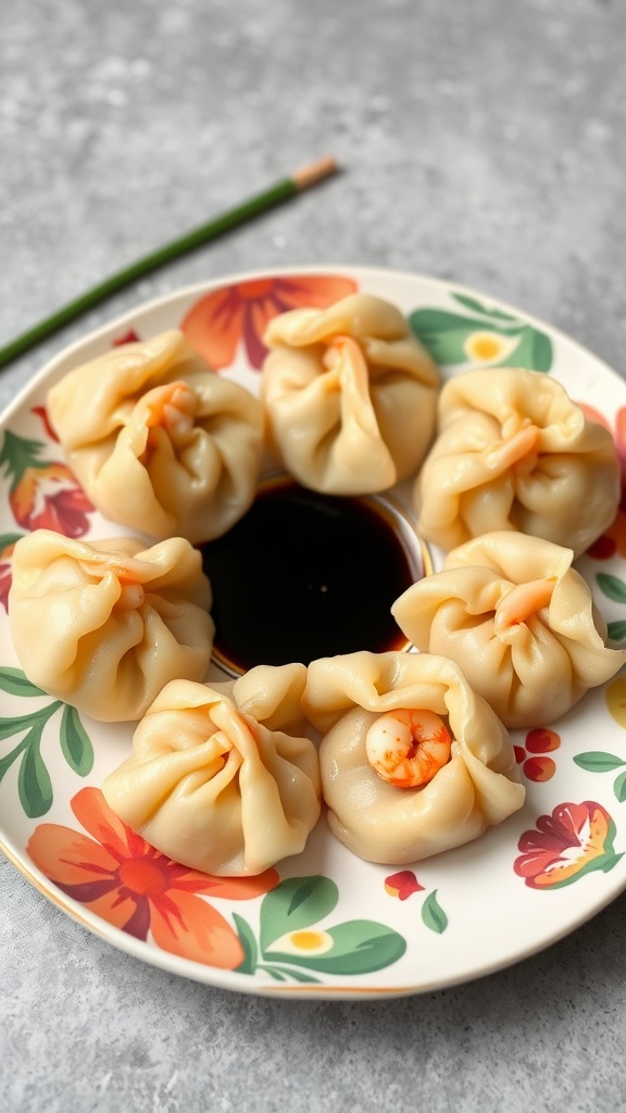 Prawn and garlic chive dumplings on a colorful plate