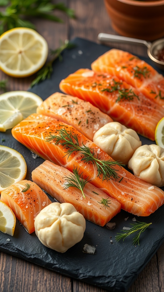 Fresh salmon fillets with dill and lemon, alongside dumplings on a slate board.