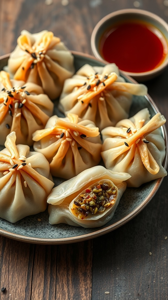 Plate of dumplings filled with sardine and sesame, garnished with sesame seeds.