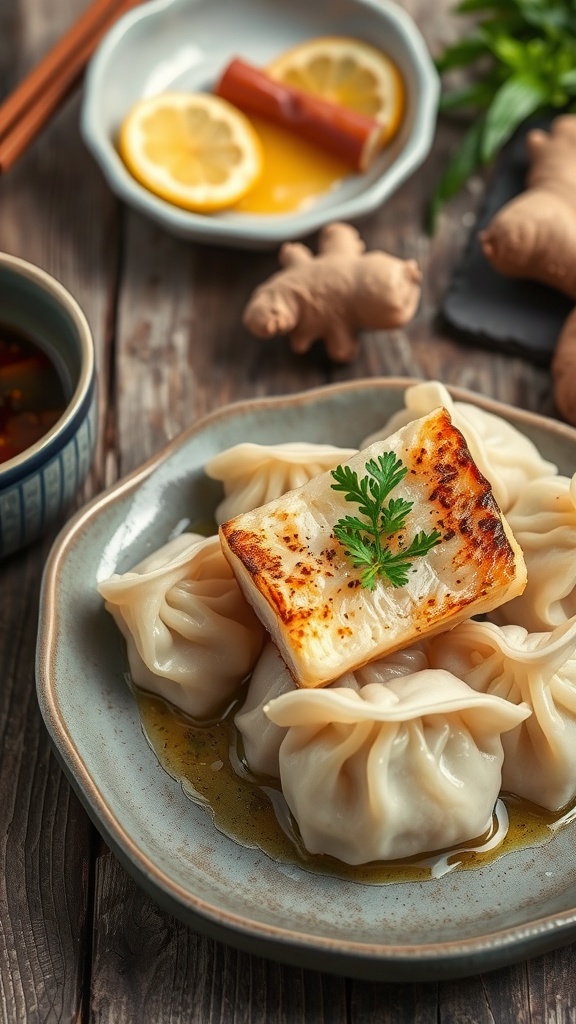 Sea Bass and Ginger Dumplings served on a plate