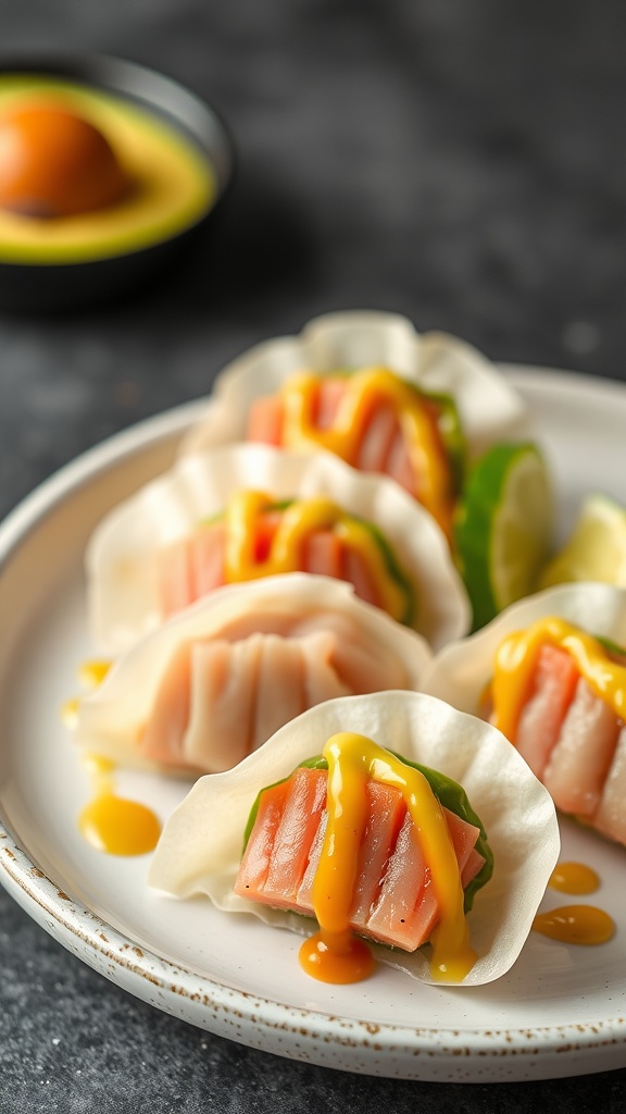 Tuna and avocado dumplings served on a plate.