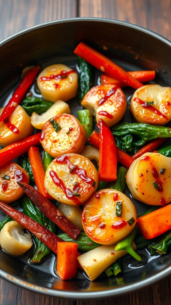 A colorful dish of scallops stir-fried with bell peppers and greens in a savory sauce.