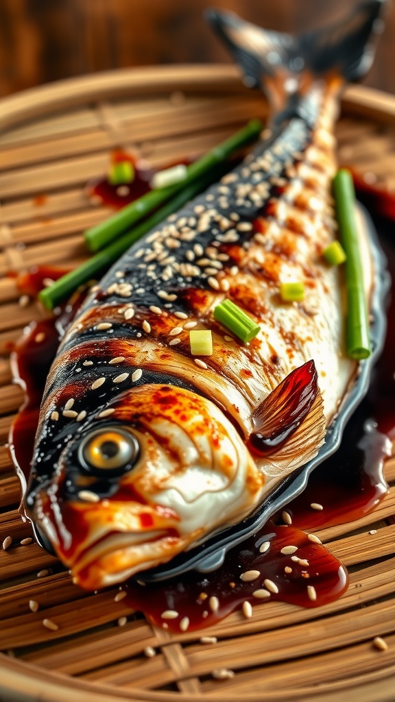 A beautifully grilled dorado fish glazed with soy sauce and garnished with green onions and sesame seeds.