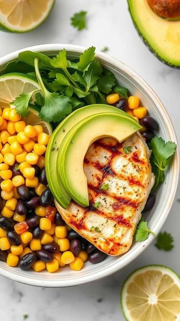 A healthy bowl featuring grilled tilapia, corn, black beans, and slices of avocado, garnished with cilantro.
