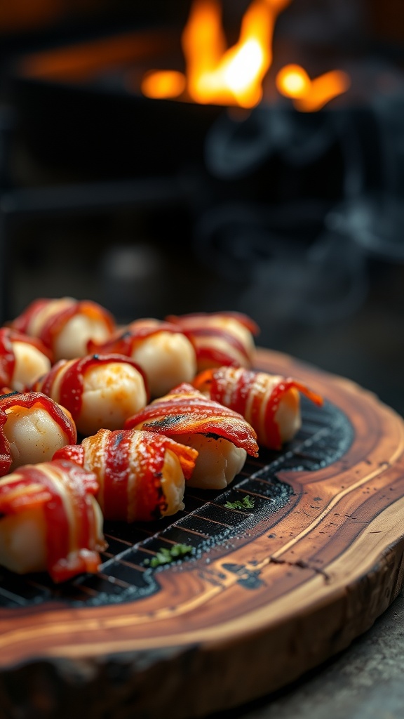 Bacon-wrapped grilled scallops on a wooden platter