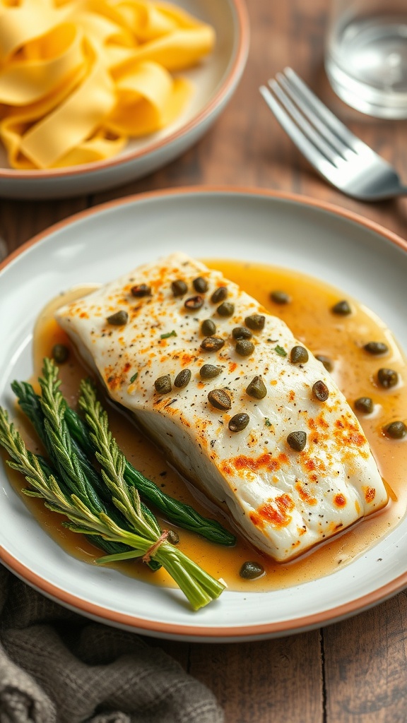 Baked Catfish Piccata with capers served with a side of pasta and asparagus.