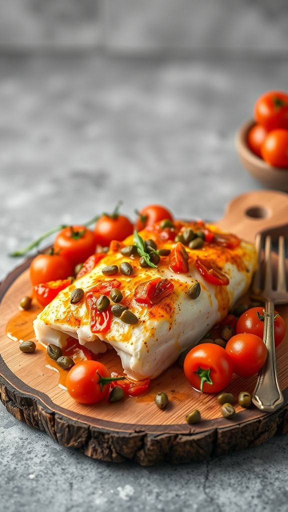 A plate of baked cod topped with capers and tomatoes, garnished with parsley.
