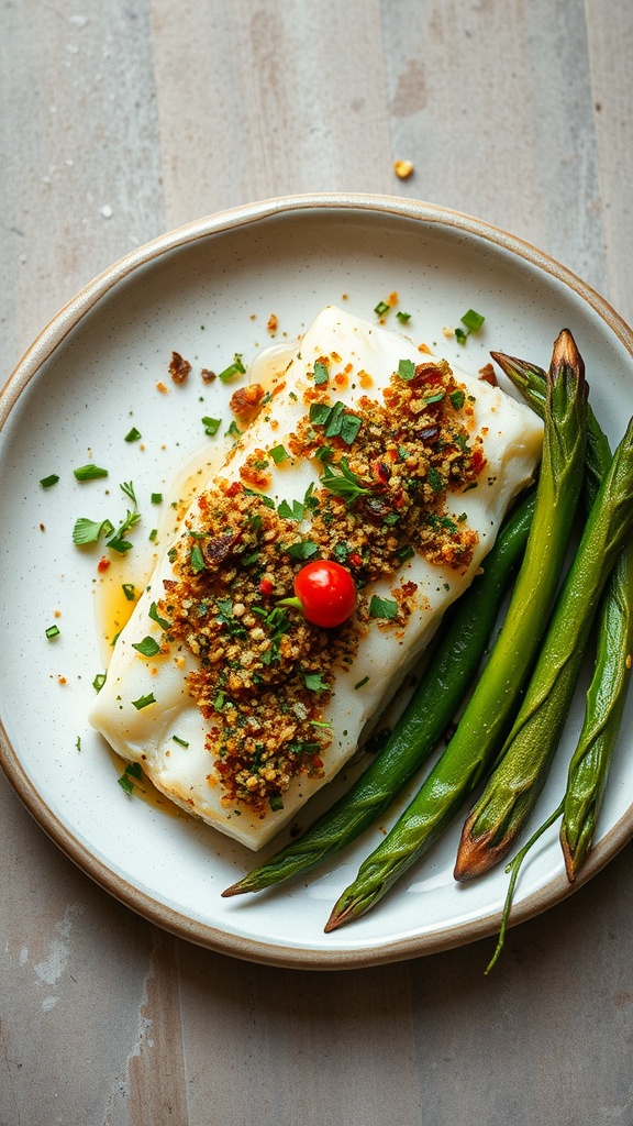 Baked cod served with herb crust and green beans