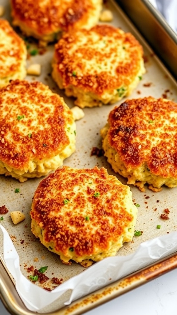Baked crab cakes with a crispy panko crust on a baking tray