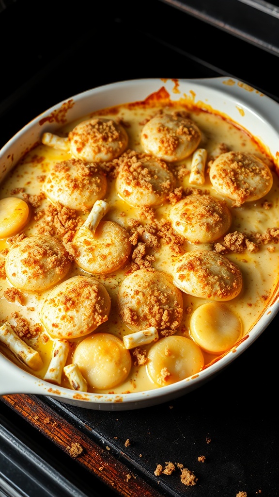 A dish of baked crab meat topped with breadcrumbs and cheese.