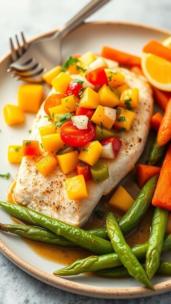 Baked fish topped with mango salsa and served with spring vegetables