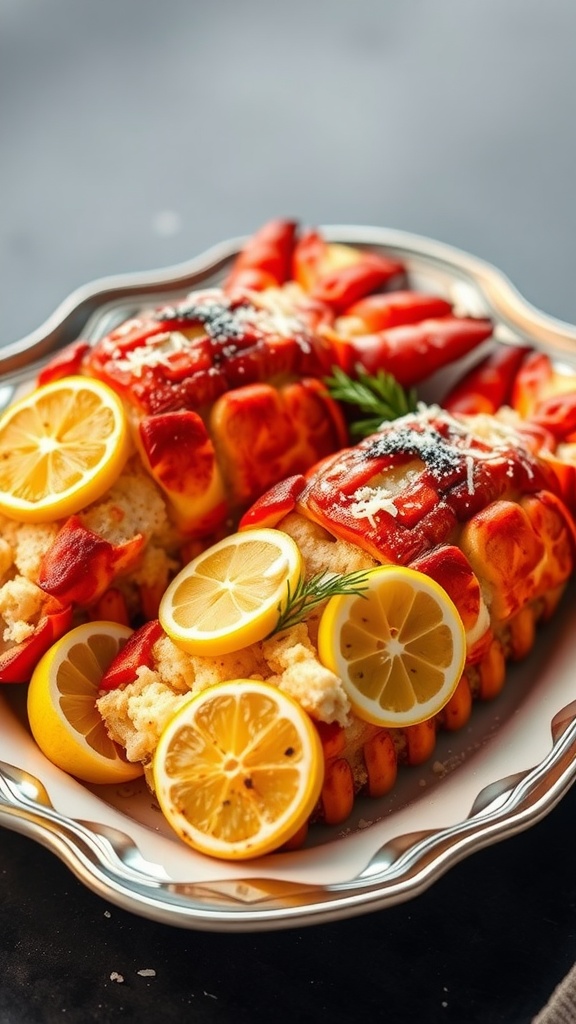 Baked lobster tails topped with lemon slices and parmesan cheese