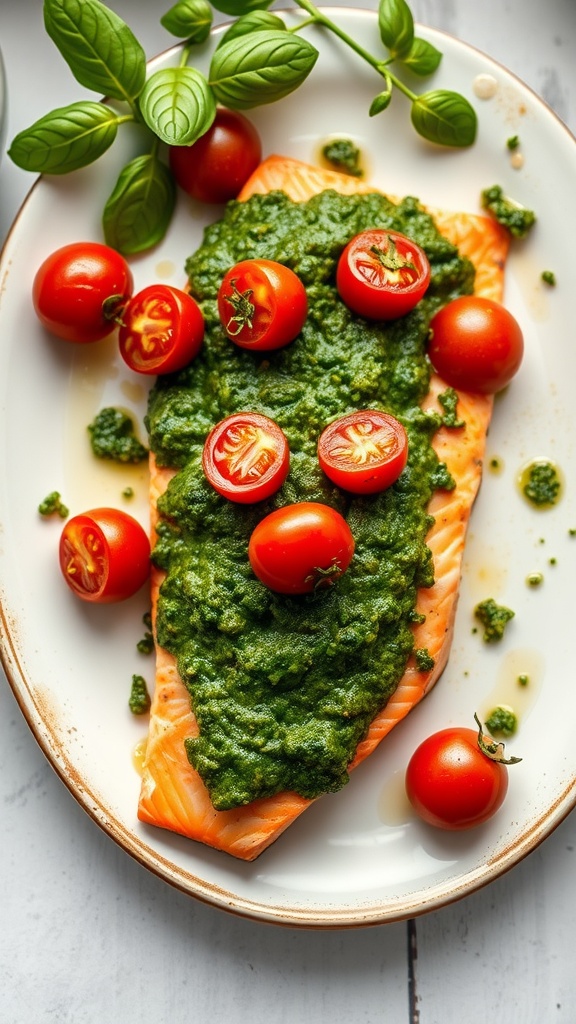 Baked Pesto Salmon with Cherry Tomatoes