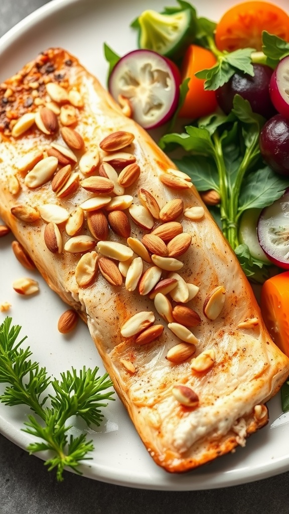 A plate of baked rainbow trout topped with toasted almonds and served with a side salad.