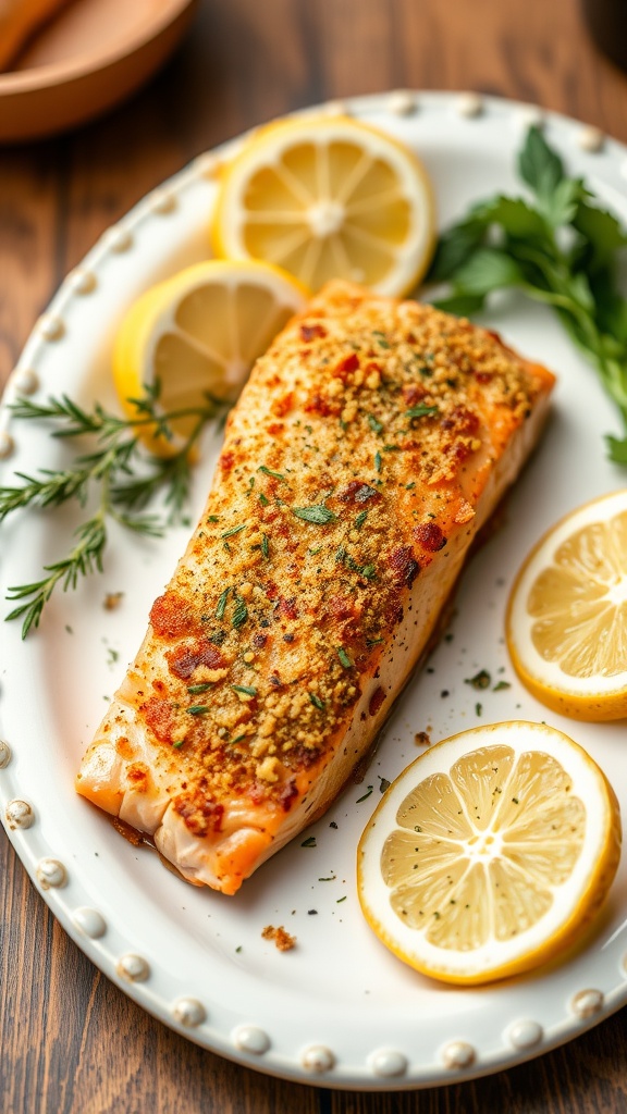 Baked salmon fillet with a mustard crust and lemon slices on a white plate