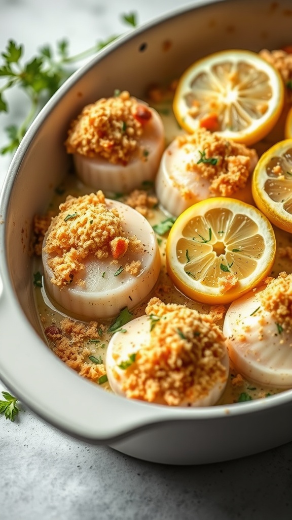 Baked scallops with breadcrumb topping in a baking dish