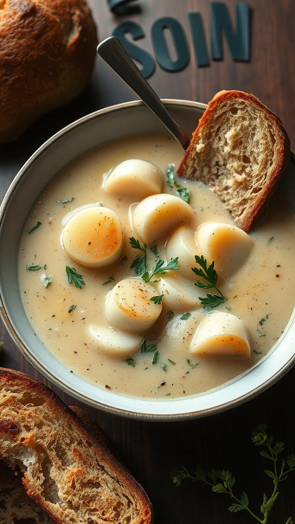 A bowl of creamy bay scallop chowder with scallops and herbs, served with a slice of bread.