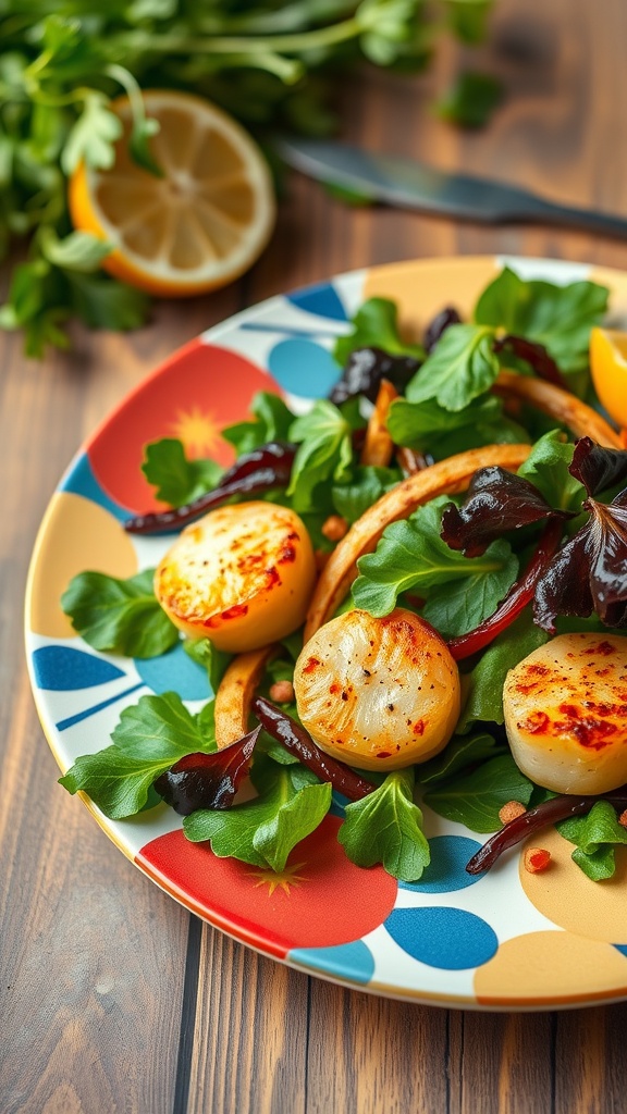 A vibrant salad with bay scallops, greens, and citrus dressing.