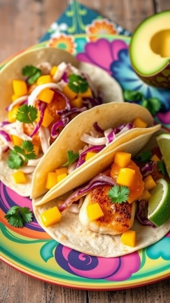 Bay scallop tacos with mango salsa, served on a vibrant plate