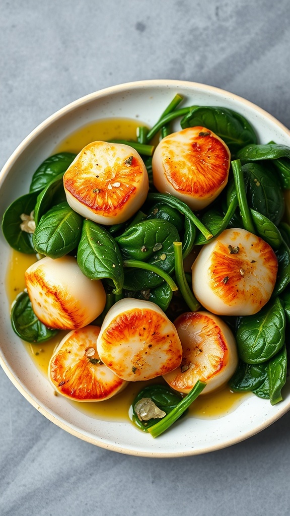 Plate of seared bay scallops with spinach and garlic