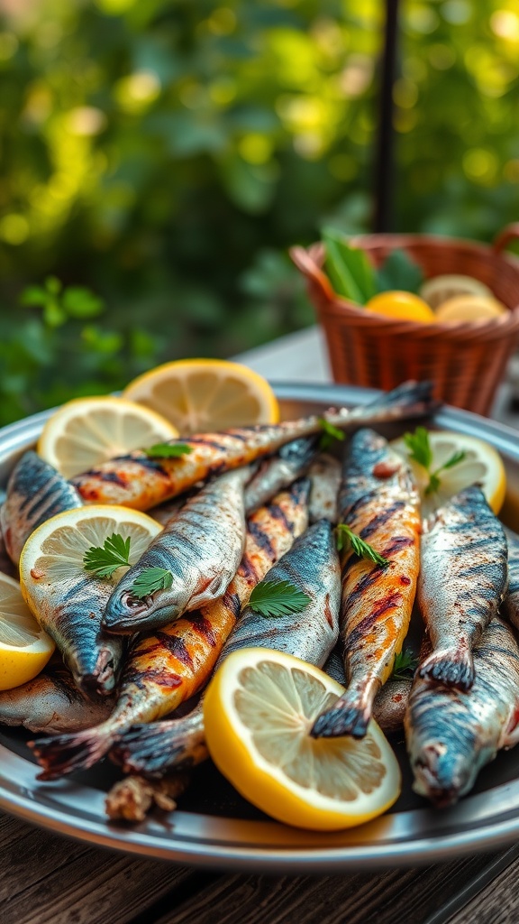 A plate of grilled sardines garnished with lemon slices and herbs