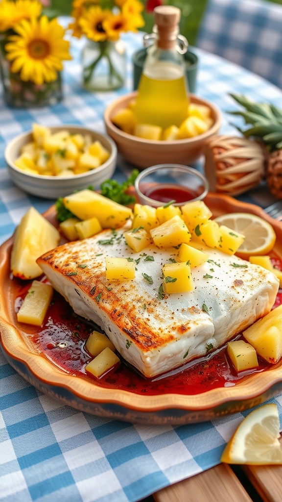 Delicious BBQ Halibut with Pineapple Salsa served on a plate