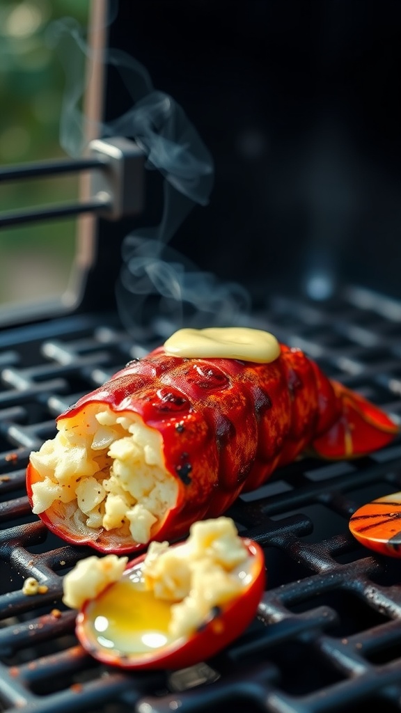 Grilled lobster tail with garlic butter on the barbecue.