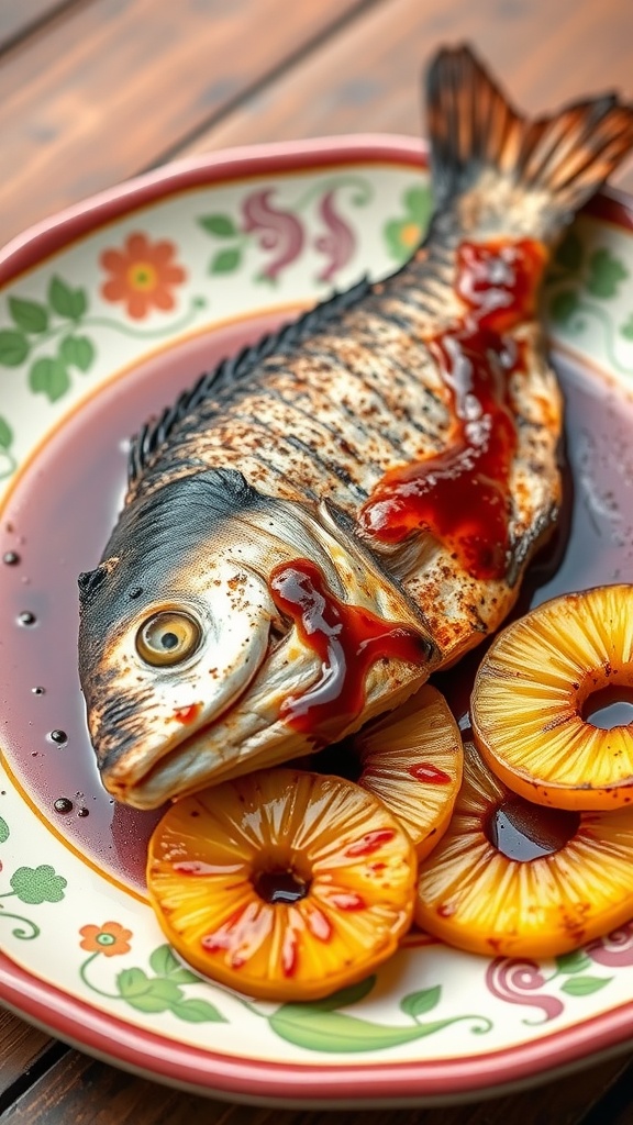 A grilled dorado fish served with caramelized pineapple slices.