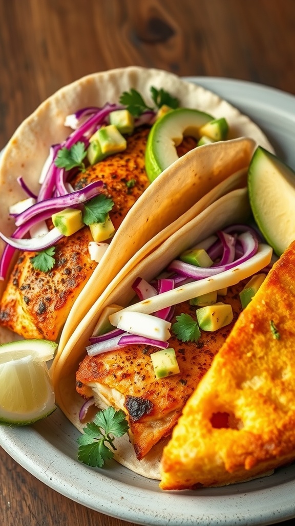Delicious blackened catfish tacos served with fresh toppings and lime.