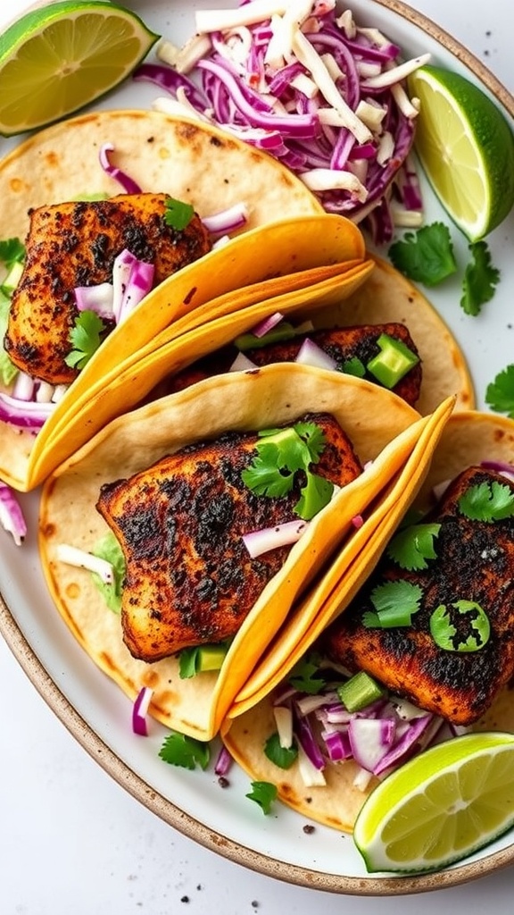 Blackened catfish tacos with slaw and lime wedges