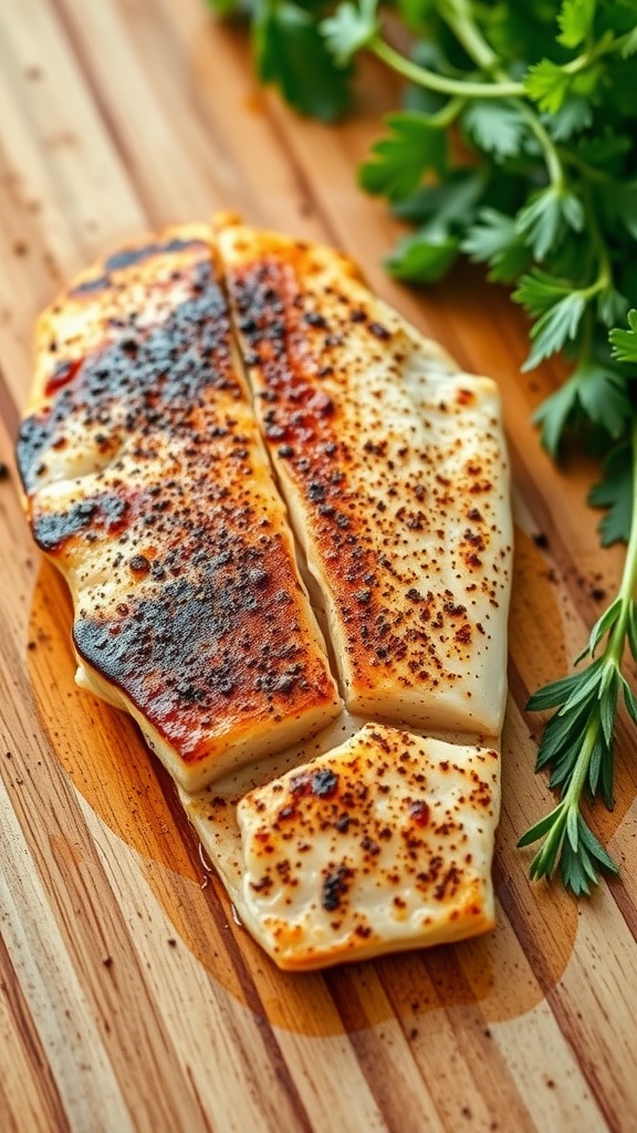 A beautifully cooked blackened catfish fillet seasoned with Cajun spices.