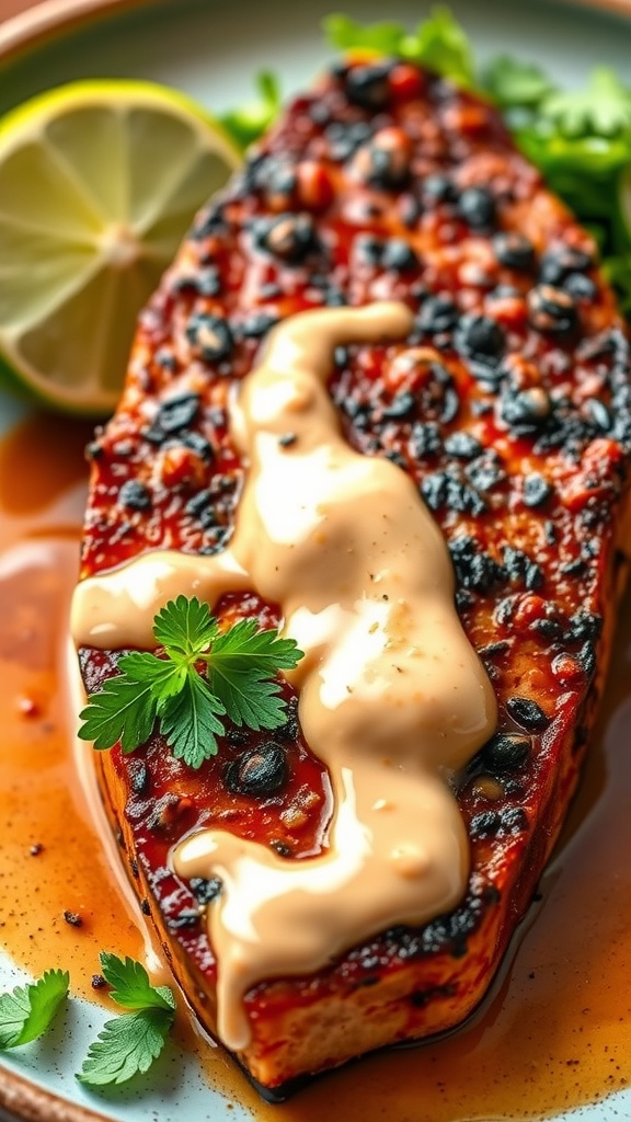 Delicious blackened tuna steak topped with creamy chipotle sauce and garnished with lime.