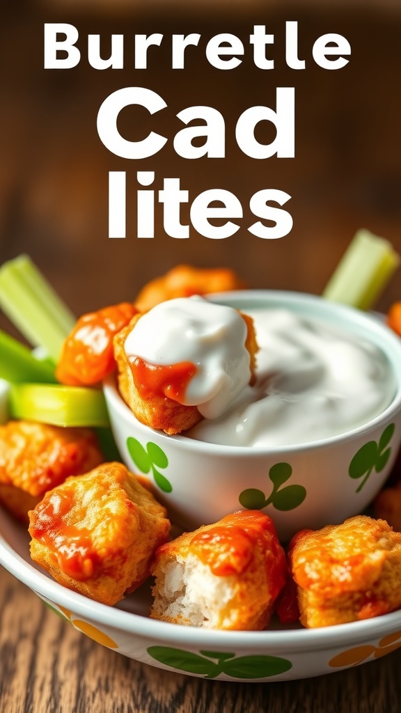 Buffalo Ranch Cod Bites with ranch dressing and celery.
