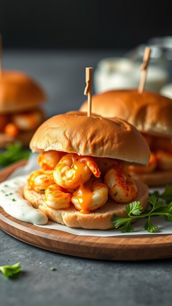 Buffalo shrimp sliders on a wooden plate with dipping sauce