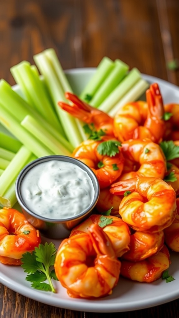Buffalo shrimp served with celery sticks and dipping sauce
