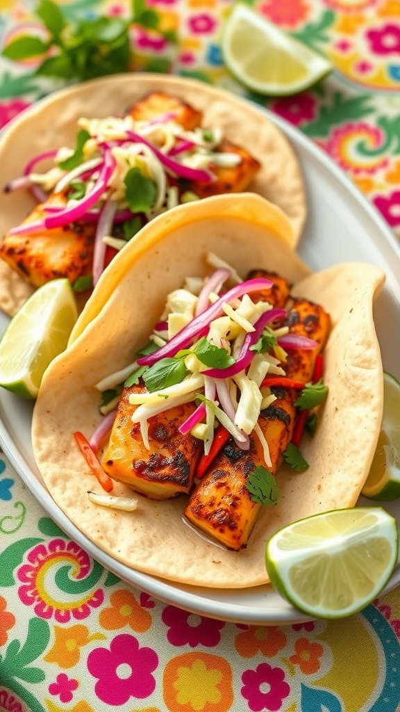 Cajun Blackened Halibut Tacos with slaw and lime wedges on a colorful background