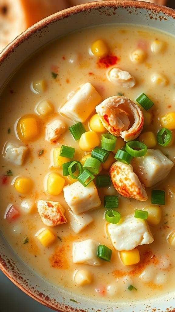 A bowl of Cajun Crab and Corn Chowder garnished with green onions.