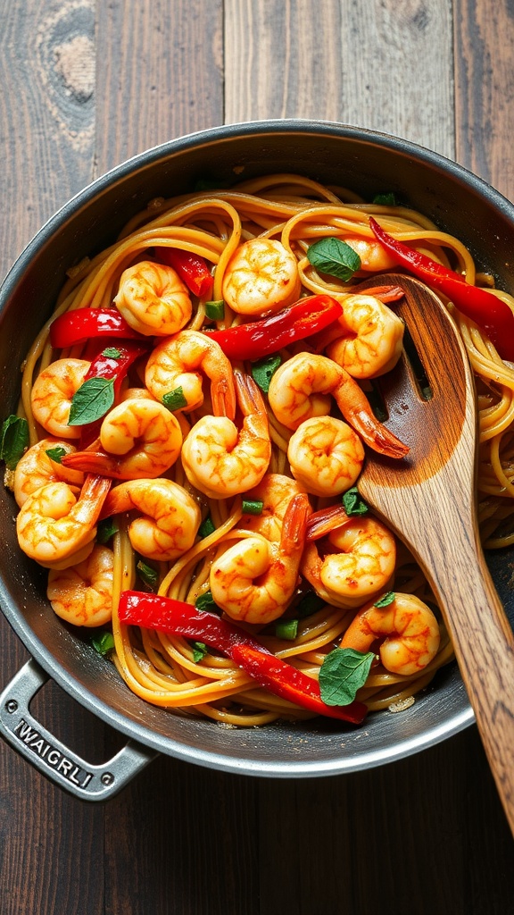 Cajun shrimp pasta with bell peppers in a skillet
