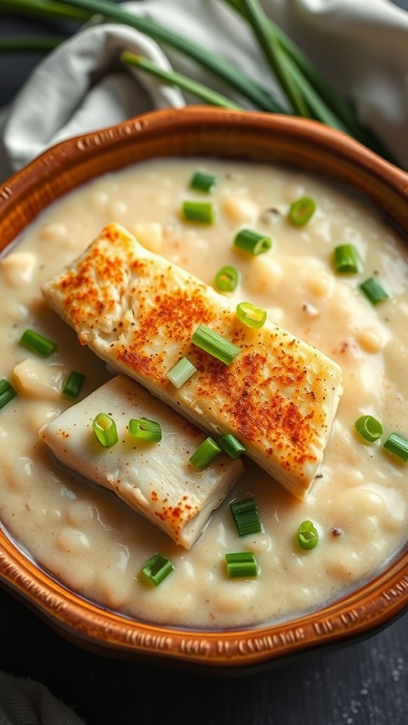 A bowl of catfish and grits garnished with green onions.