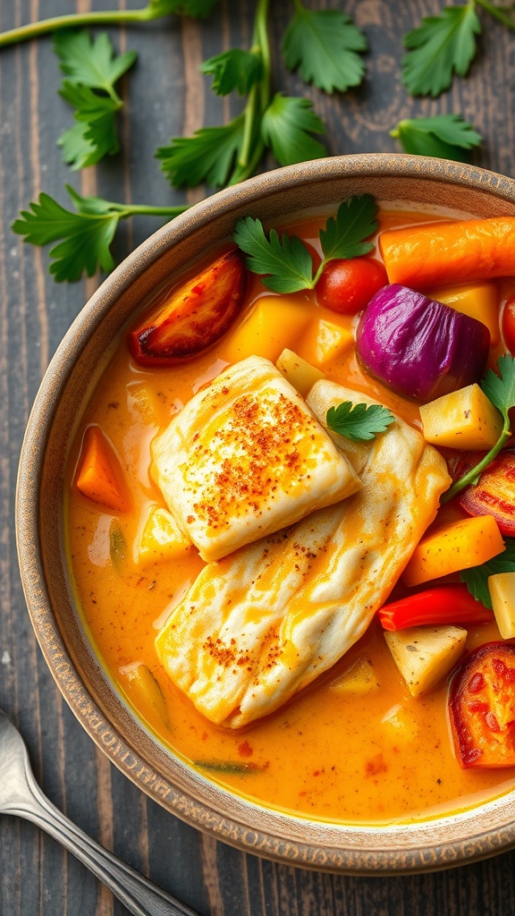 A vibrant bowl of catfish curry with colorful vegetables in a creamy coconut sauce.
