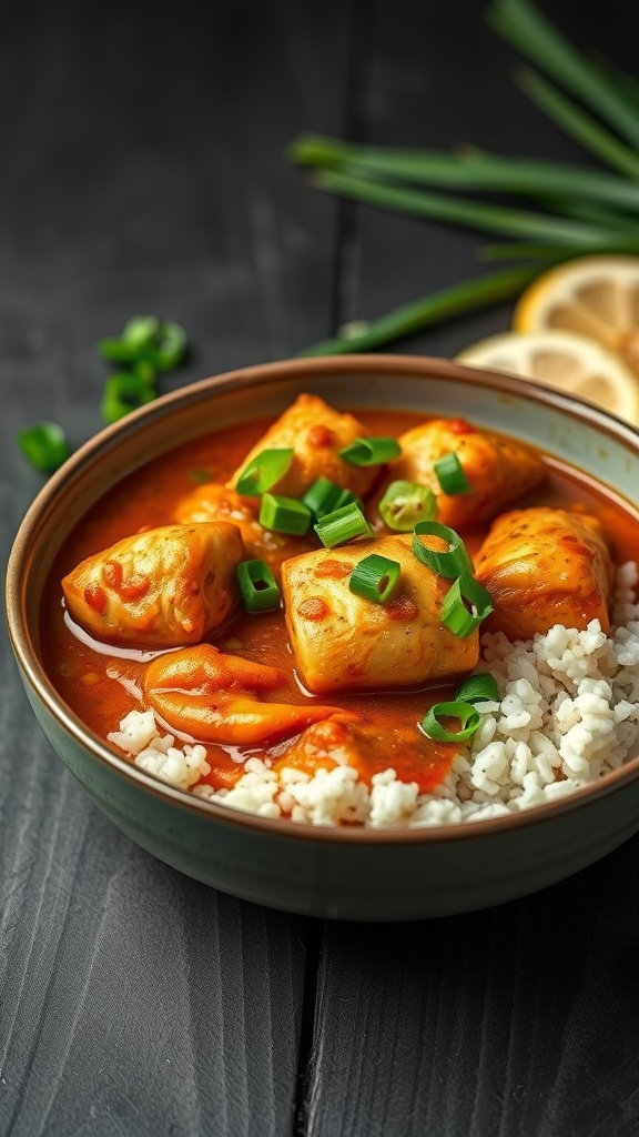 A bowl of catfish étouffée served over rice with green onions on top.