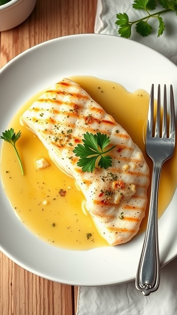 A plate of Catfish Fillet Francaise garnished with parsley and drizzled with lemon sauce.